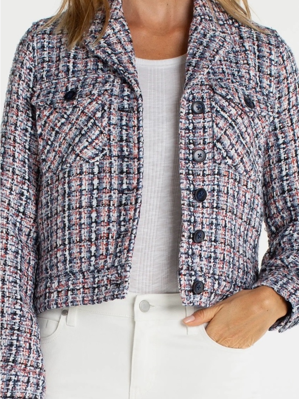 Liverpool Button Front Boucle Tweed Cropped Blazer- Large